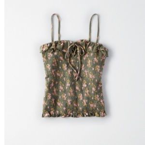 AE Precious Crop Smocked Olive Green Floral Tank